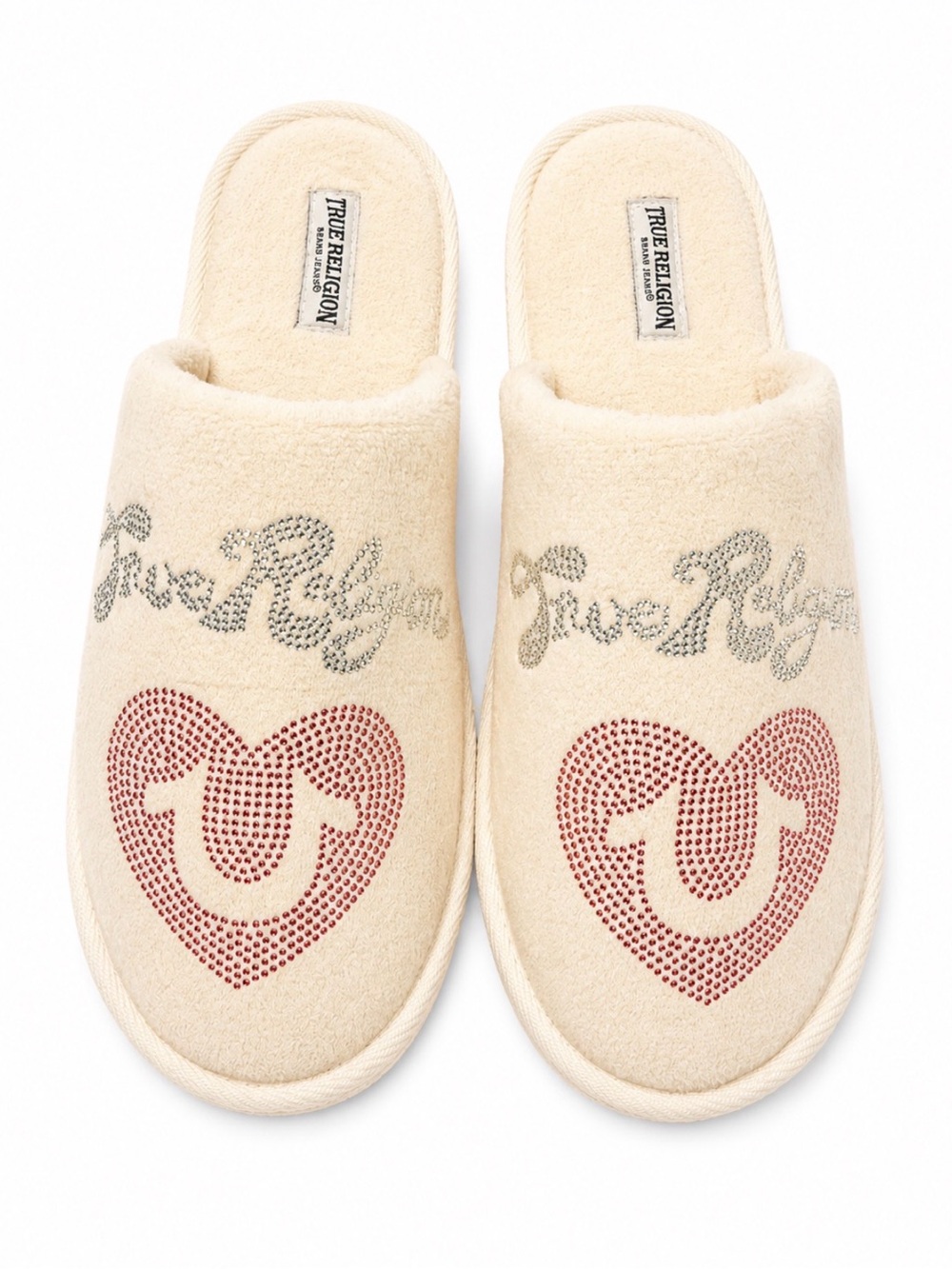 True Religion Cream Slippers with Red Crystal Heart and Silver Logo